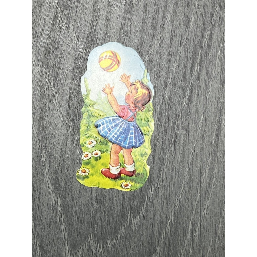 Vintage Die-Cut Little Girl Playing with Ball Scrapbook Ephemera Art